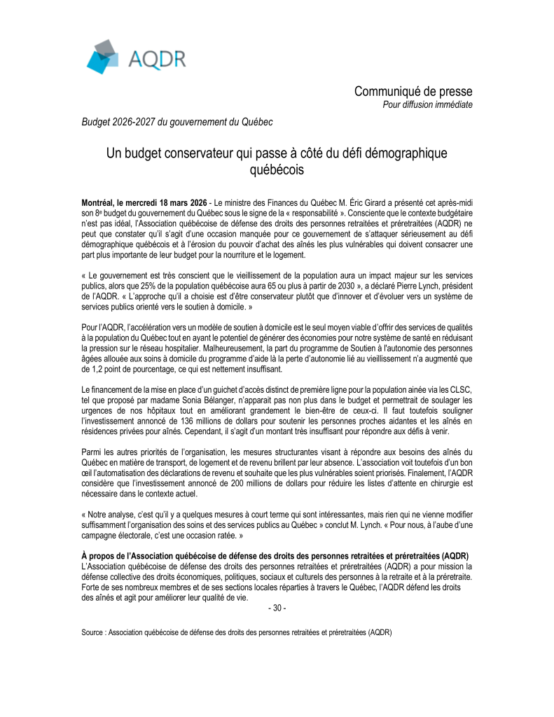 Réaction au budget 2026-2027 de l'AQDR nationale